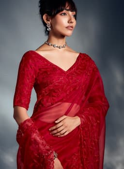Red Tissue Organza Saree for Bridal Wear
