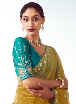 Golden Olive Designer Wedding Saree with Handwork