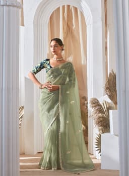 Luxury Sage Green Designer Saree for Wedding & Festive Wear