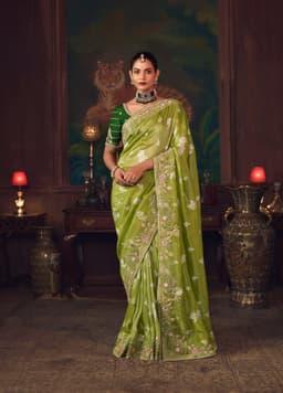 Pista Green Silk Saree with Floral Embroidery