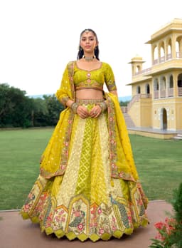 Luxury Lime Yellow Silk Bridal Lehenga with Peacock Embroidery Front View