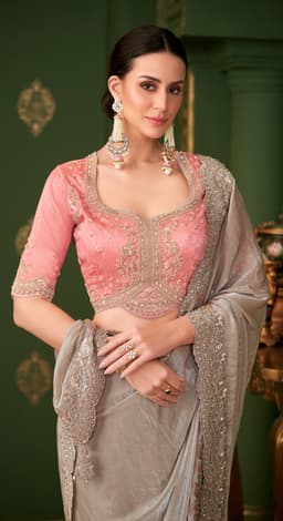 Silver Grey Satin Georgette Silk Bridal Reception Saree