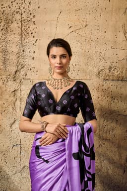 Lavender Modal Satin Floral Print Saree for Women