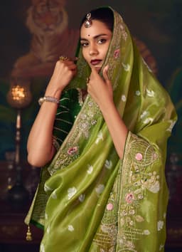Pista Green Silk Saree with Floral Embroidery
