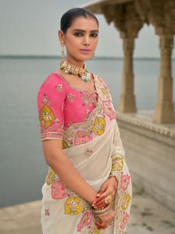 Ivory Pure Viscose Jacquard Khatli Party Saree