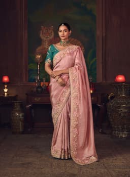 Dusty Rose Pink Silk Bridal Saree with Floral Embroidery