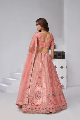 Pink Banarasi Silk Bridal Lehenga Choli Back View
