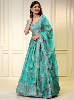 Turquoise Blue Organza Lehenga