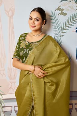 Olive Green Satin Silk Saree With Applique Work