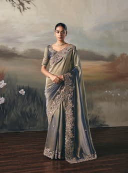 Steel Grey Tissue Zari Floral Embellished Saree