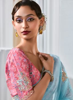 Luxury Sky Blue Organza Saree for Wedding & Party Wear