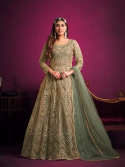Pastel green anarkali suit party wear with elegant zari embroidery