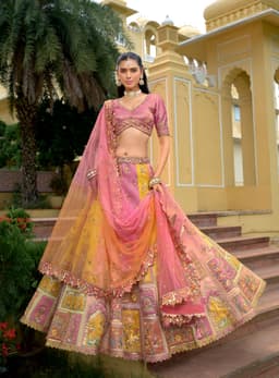 Royal Pink Yellow Silk Bridal Lehenga with Heritage Embroidery Front View