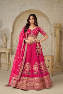 Rani Pink Silk Designer Bridal Lehenga Choli Front View