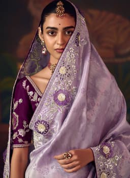 Lavender Purple Silk Saree with Floral Embroidery