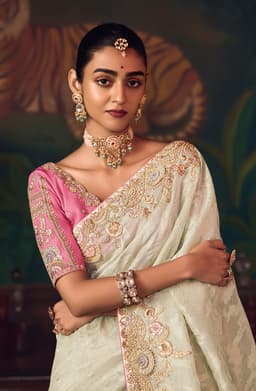 Ivory Silk Jacquard Saree with Embroidery