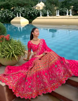 Hot Pink Silk Bridal Lehenga with Mirror & Stone Work