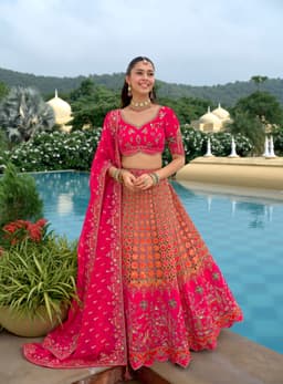 Hot Pink Silk Bridal Lehenga with Mirror & Stone Work