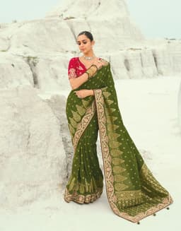 Olive Green Pure Dola Viscose Designer Wedding Saree