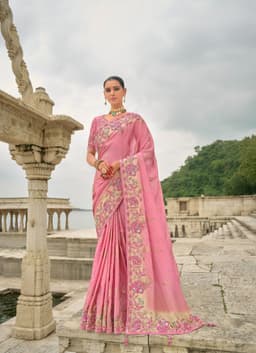 Pink Jacquard Viscose Khatli Work Party Saree