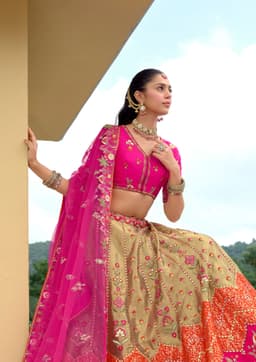 Hot Pink Gold Silk Bridal Lehenga Choli Side View
