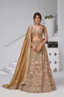 Mehndi Organza Tissue Bridal Lehenga for Wedding Front View