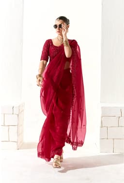 Wine Red Organza Tissue Party Wear Designer Saree