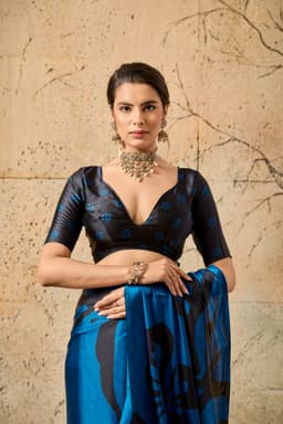 Royal Blue Modal Satin Ajrakh Print Saree