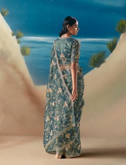 Teal Blue Party Wear Satin Organza Saree
