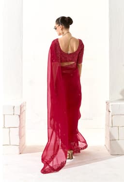 Wine Red Organza Tissue Party Wear Designer Saree