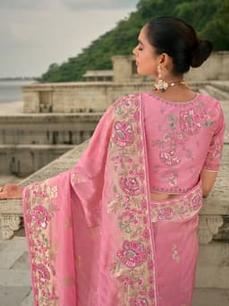 Pink Jacquard Viscose Khatli Work Party Saree