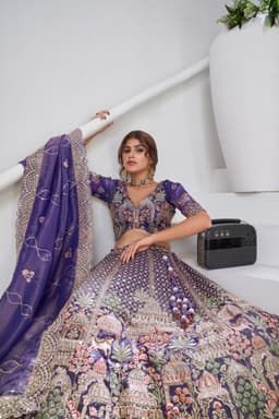 Purple Organza Tissue Bridal Lehenga Choli Close Up