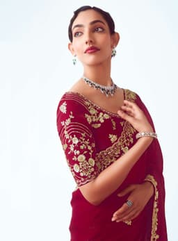 Wine Red Embroidered Wedding Saree