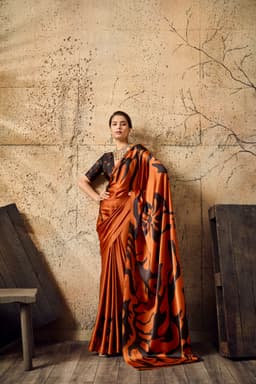 Burnt Orange Modal Satin Ajrakh Print Saree