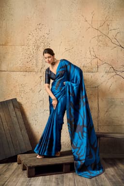 Royal Blue Modal Satin Ajrakh Print Saree