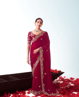 Wine Red Embroidered Wedding Saree