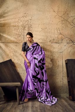 Lavender Modal Satin Floral Print Saree for Women