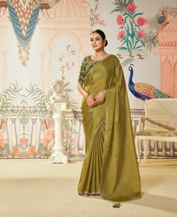 Olive Green Satin Silk Saree With Applique Work
