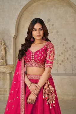 Rani Pink Silk Designer Bridal Lehenga Choli Close Up