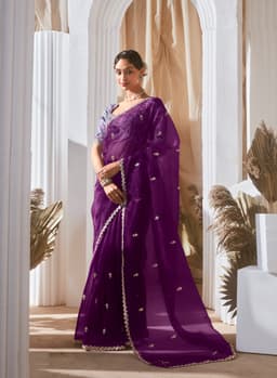 Royal Purple Party Fancy Lace Work Saree