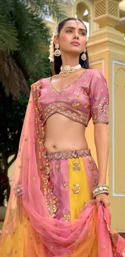 Royal Pink Yellow Silk Bridal Lehenga Heritage Embroidered Blouse Close Up