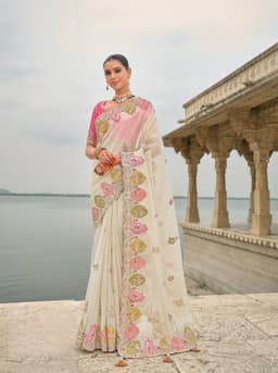Ivory Pure Viscose Jacquard Khatli Party Saree