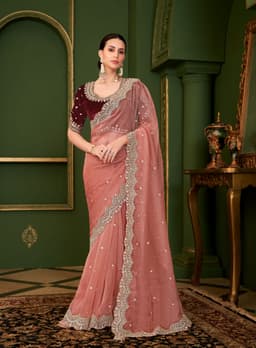 Dusty Rose Tissue Georgette Silk Reception Saree