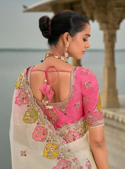 Ivory Pure Viscose Jacquard Khatli Party Saree