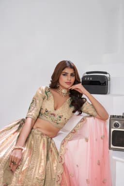 Cream Raw Silk Bridal Lehenga for Wedding Close Up
