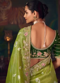 Pista Green Silk Saree with Floral Embroidery