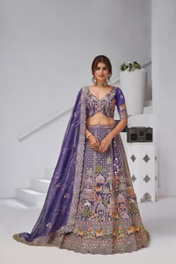 Purple Organza Tissue Bridal Lehenga Choli Front View