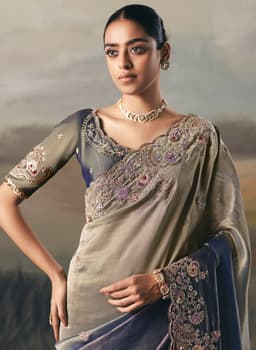 Steel Grey Tissue Zari Floral Embellished Saree