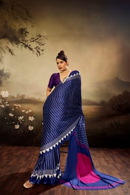 Navy Blue Modal Satin Ajrakh Print Saree