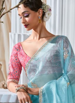 Luxury Sky Blue Organza Saree for Wedding & Party Wear